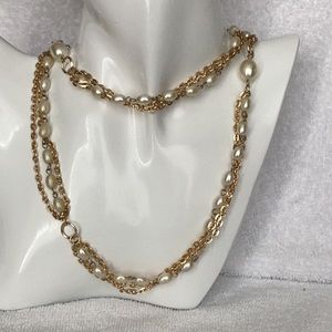 Vintage 3 Strand Faux Pearl and GoldTone Necklace in 32 inches